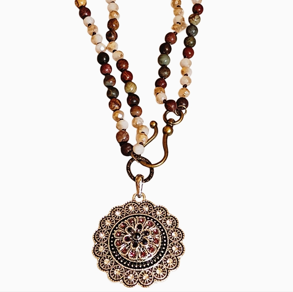 Interchangeable Snap Charm Round Rhinestone Pendant Beaded Necklace